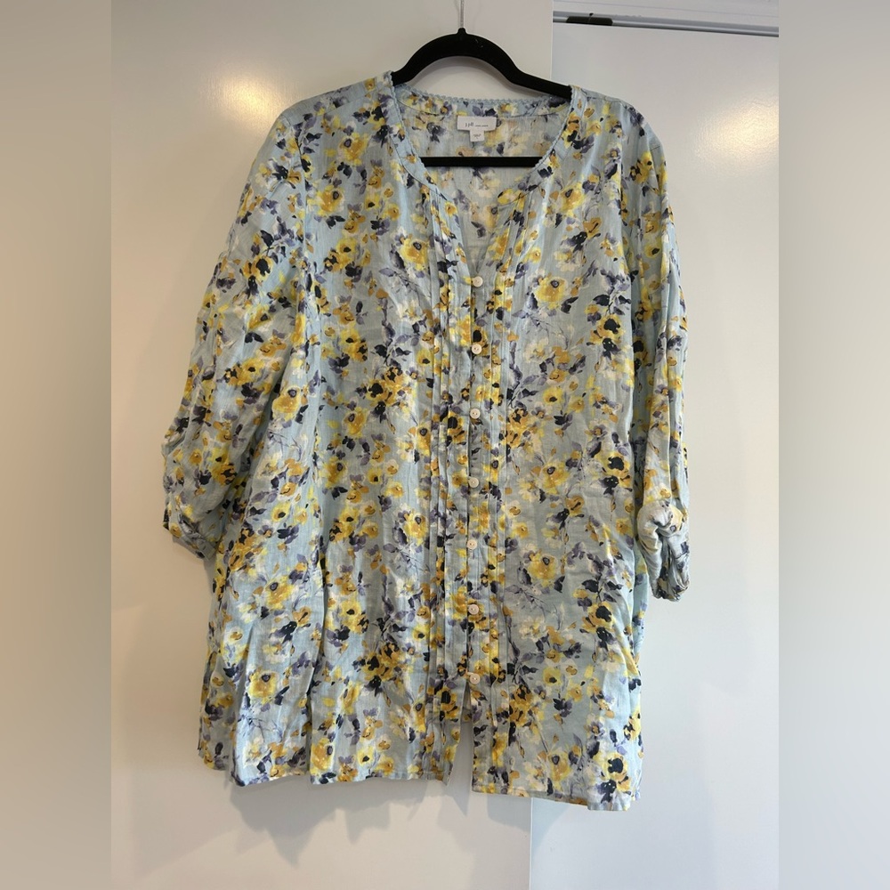 J. Jill love linen floral 100% linen blouse top Size L blue Yellow Roll Tab - Picture 2 of 11